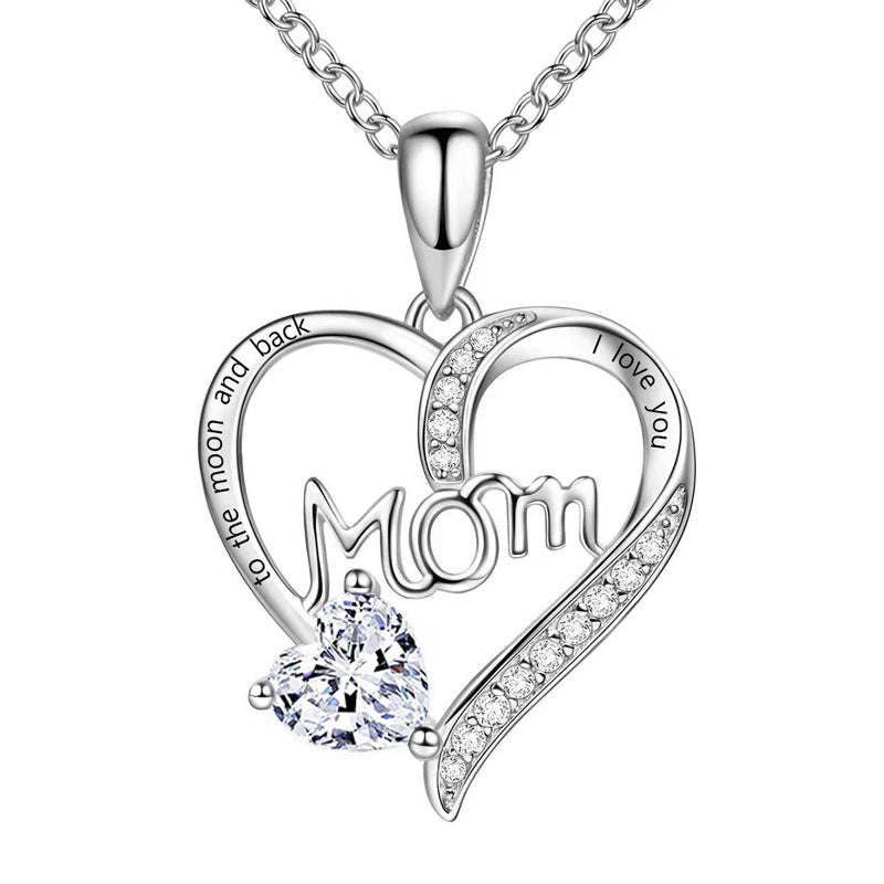 Wholesale Mother's Day Mom Heart-shaped Engraved Diamond Alloy Necklace